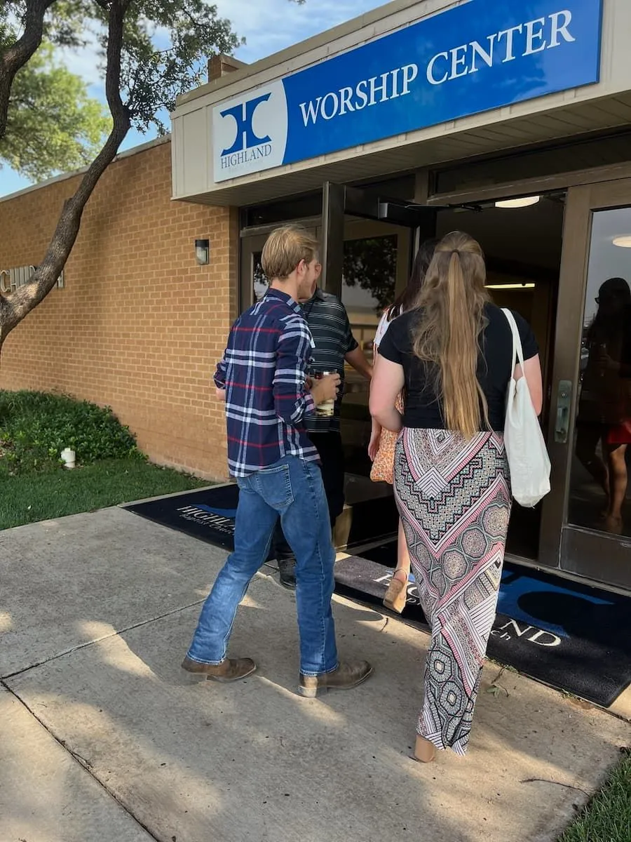 People entering Highland Baptist Church through the Worship Center entrance